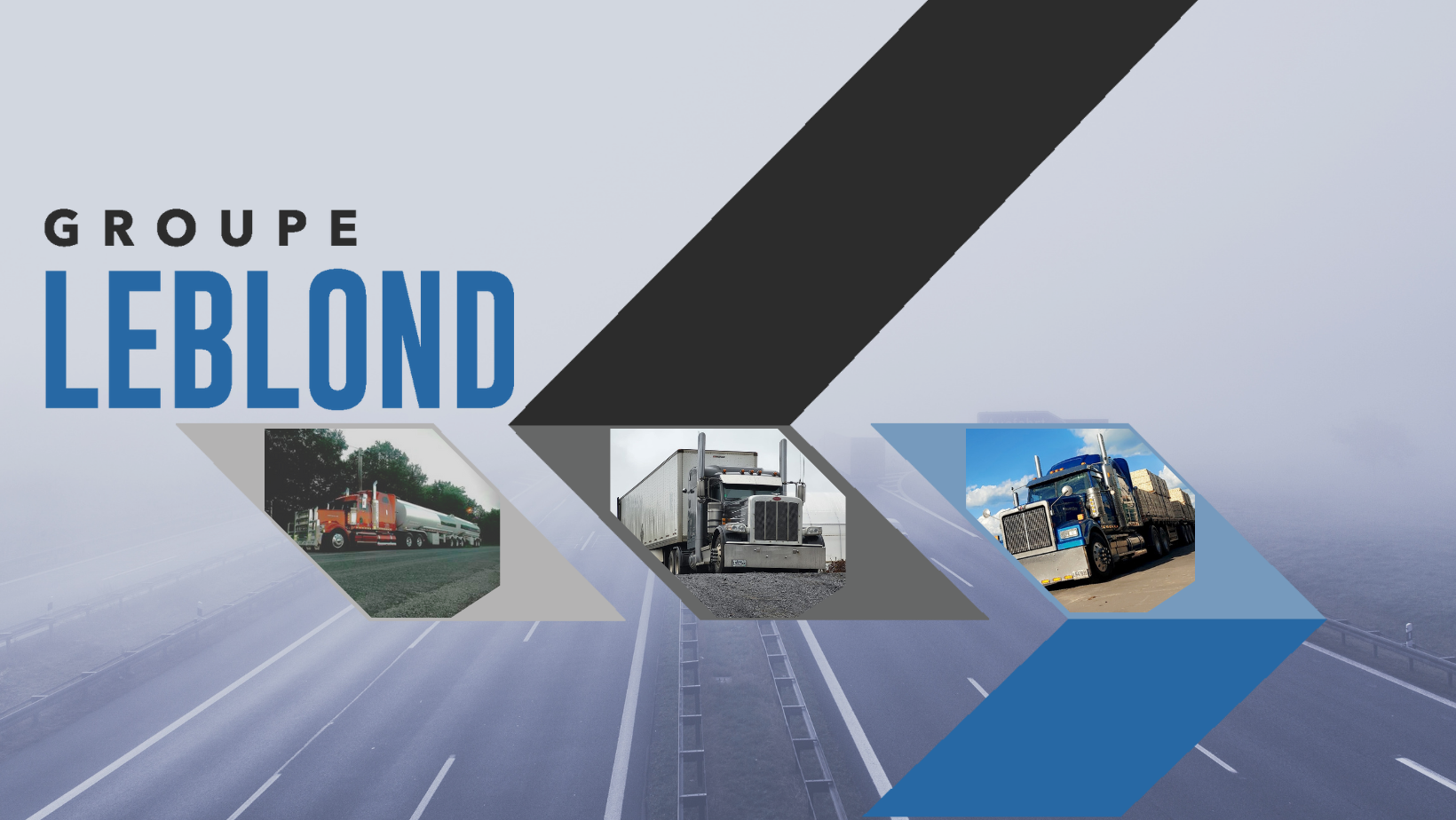 Logo de Groupe Leblond avec une image de chacune de nos divisons